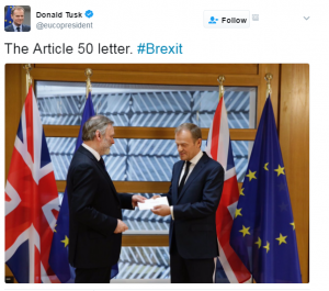 Article 50 is handed in, triggering Brexit