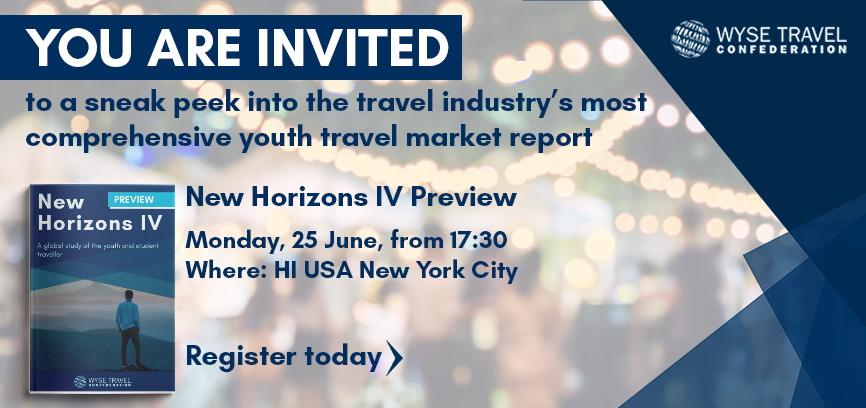 On June 25, 2018, WYSE Travel Confederation will offer a look into New Horizons IV: A global study of the youth and student traveller. The presentation begins at 18:15.